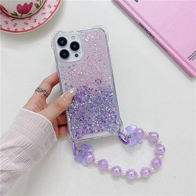 For iPhone 15 Pro Case TPU+Acrylic Gradient Phone Cover with Bowknot Decor Hand Chain