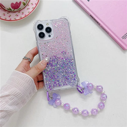 For iPhone 15 Pro Case TPU+Acrylic Gradient Phone Cover with Bowknot Decor Hand Chain
