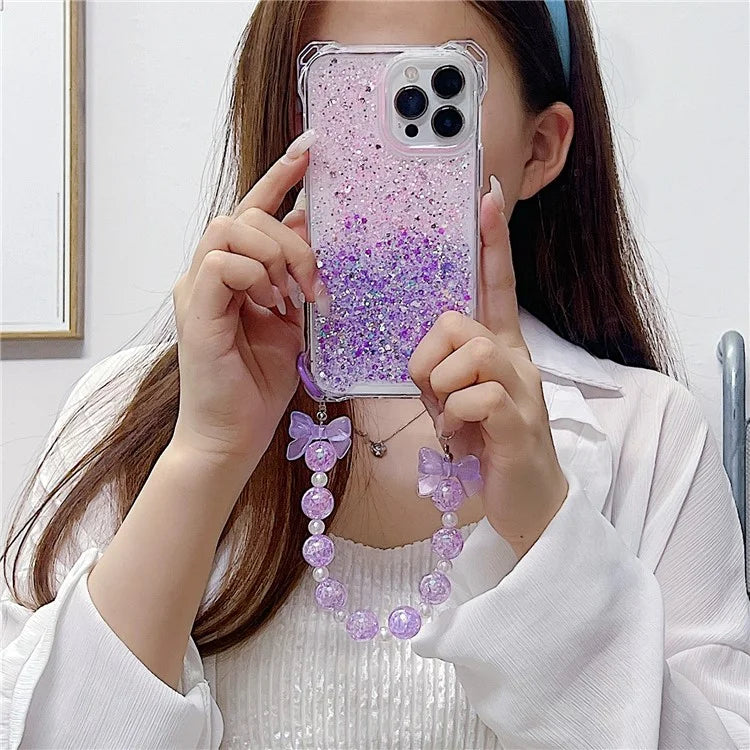 For iPhone 15 Pro Case TPU+Acrylic Gradient Phone Cover with Bowknot Decor Hand Chain