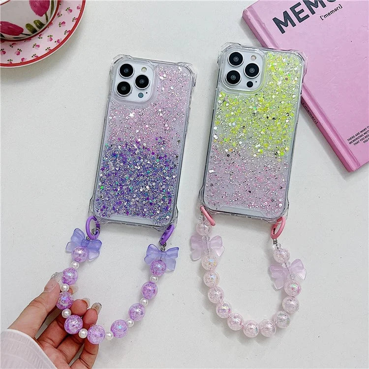 For iPhone 15 Pro Case TPU+Acrylic Gradient Phone Cover with Bowknot Decor Hand Chain