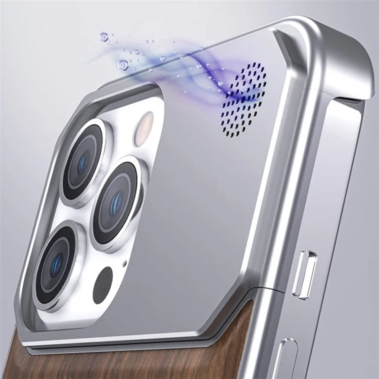 For iPhone 15 Pro Max Case Aluminium Alloy+Walnut Aromatherapy Frameless Phone Cover