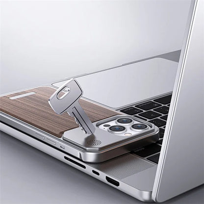 For iPhone 15 Pro Max Case Aluminium Alloy+Walnut Aromatherapy Frameless Phone Cover