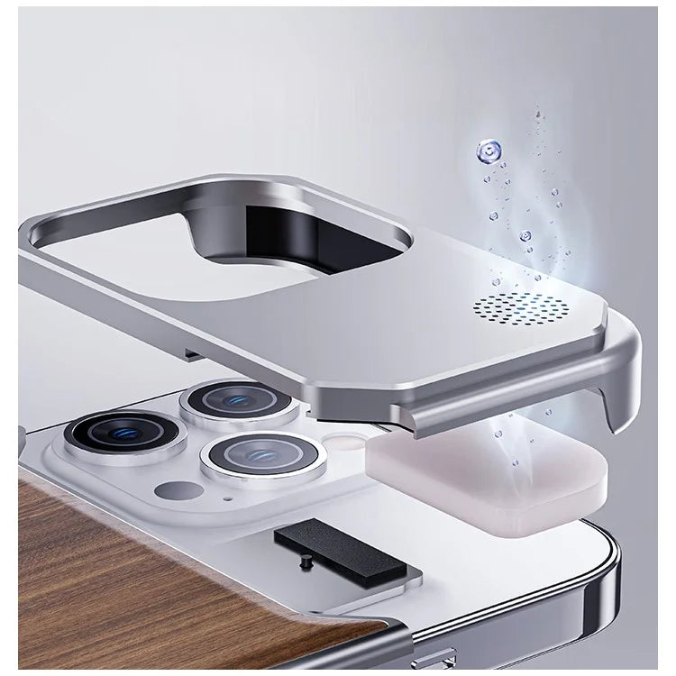 For iPhone 15 Pro Max Case Aluminium Alloy+Walnut Aromatherapy Frameless Phone Cover