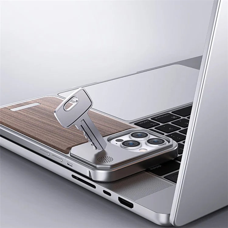 For iPhone 15 Pro Max Case Aluminium Alloy+Walnut Aromatherapy Frameless Phone Cover