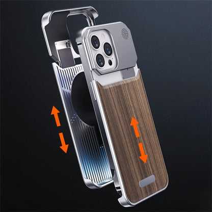 For iPhone 15 Pro Max Case Aluminium Alloy+Walnut Aromatherapy Frameless Phone Cover