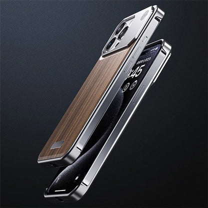 For iPhone 15 Pro Max Case Aluminium Alloy+Walnut Aromatherapy Frameless Phone Cover