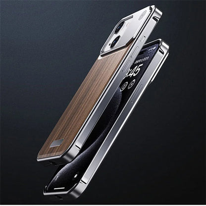 For iPhone 15 Case Aromatherapy Aluminium Alloy+Walnut Slim Phone Cases