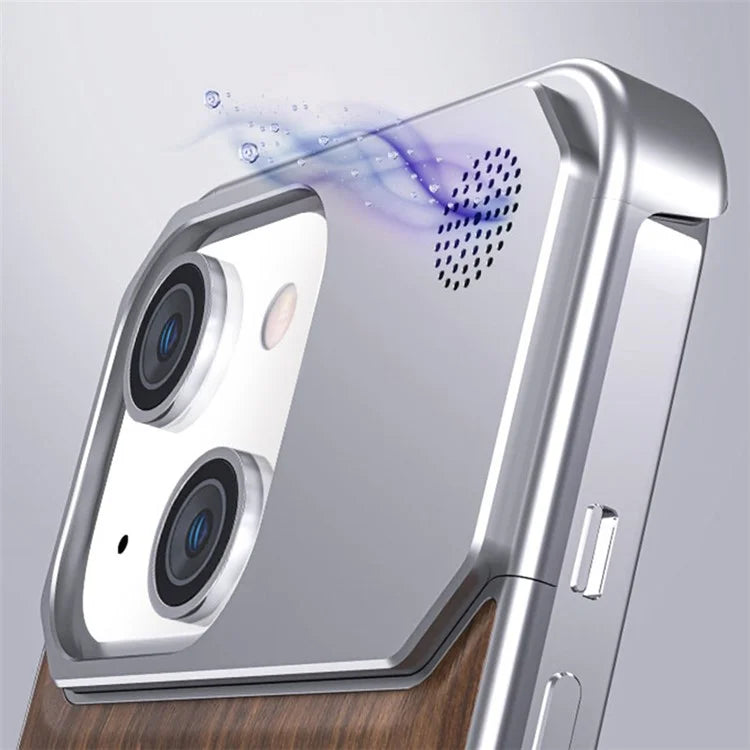 For iPhone 13 Case No Frame Aluminium Alloy+Walnut Phone Back Cover with Aromatherapy Tablet
