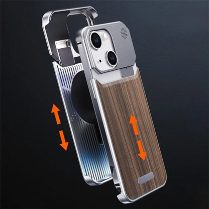 For iPhone 13 Case No Frame Aluminium Alloy+Walnut Phone Back Cover with Aromatherapy Tablet