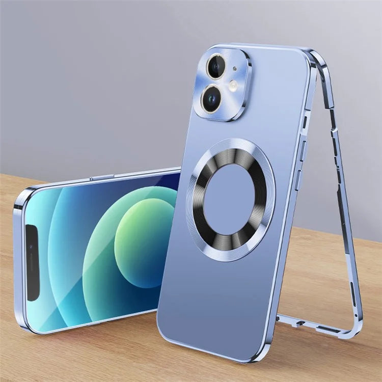 For iPhone 12 Magnetic Case Acrylic+Tempered Glass Safety Buckle Phone Cover Full Body Protection