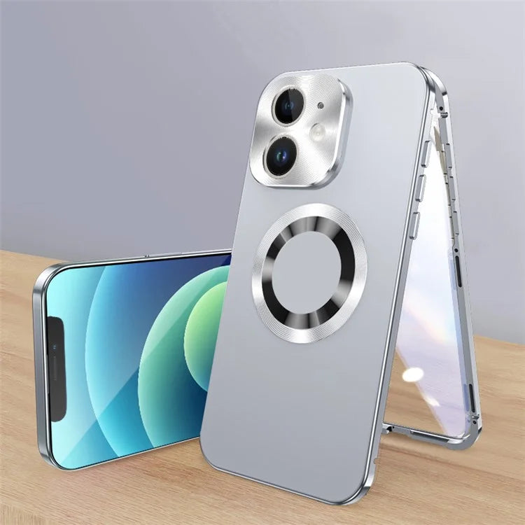For iPhone 12 Magnetic Case Acrylic+Tempered Glass Safety Buckle Phone Cover Full Body Protection