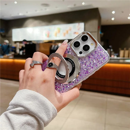 For iPhone 14 Pro Case Acrylic+TPU Sequins Epoxy Phone Cover with Magnetic Ring Kickstand