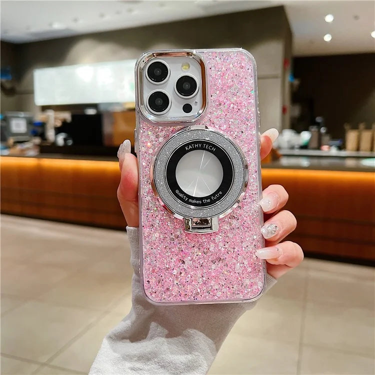 For iPhone 14 Pro Case Acrylic+TPU Sequins Epoxy Phone Cover with Magnetic Ring Kickstand