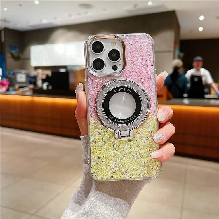 For iPhone 14 Pro Case Acrylic+TPU Sequins Epoxy Phone Cover with Magnetic Ring Kickstand