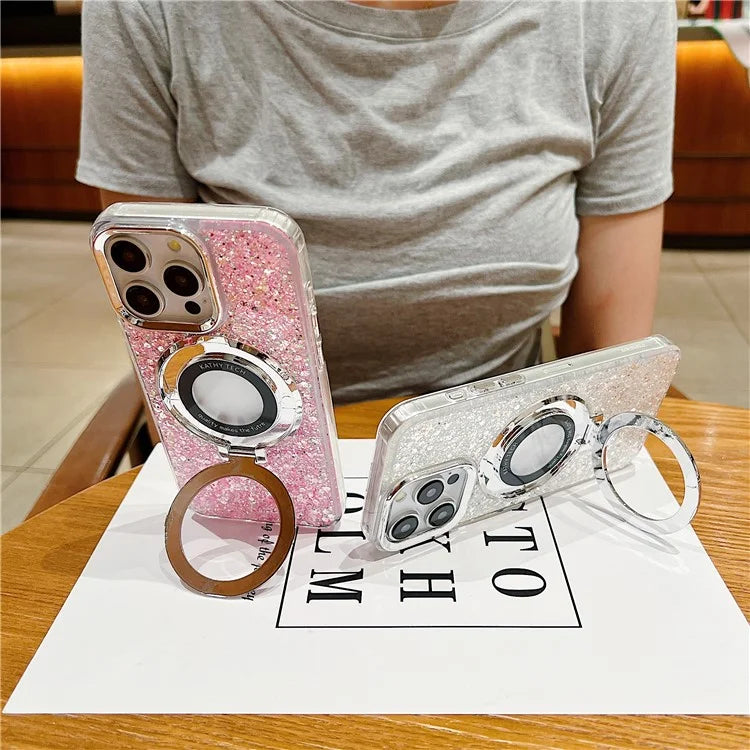 For iPhone 14 Pro Case Acrylic+TPU Sequins Epoxy Phone Cover with Magnetic Ring Kickstand