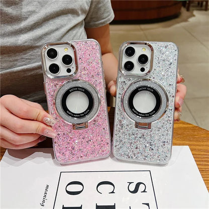 For iPhone 15 Pro Case Acrylic+TPU Glitter Sequins Epoxy Phone Cover with Magnetic Kickstand