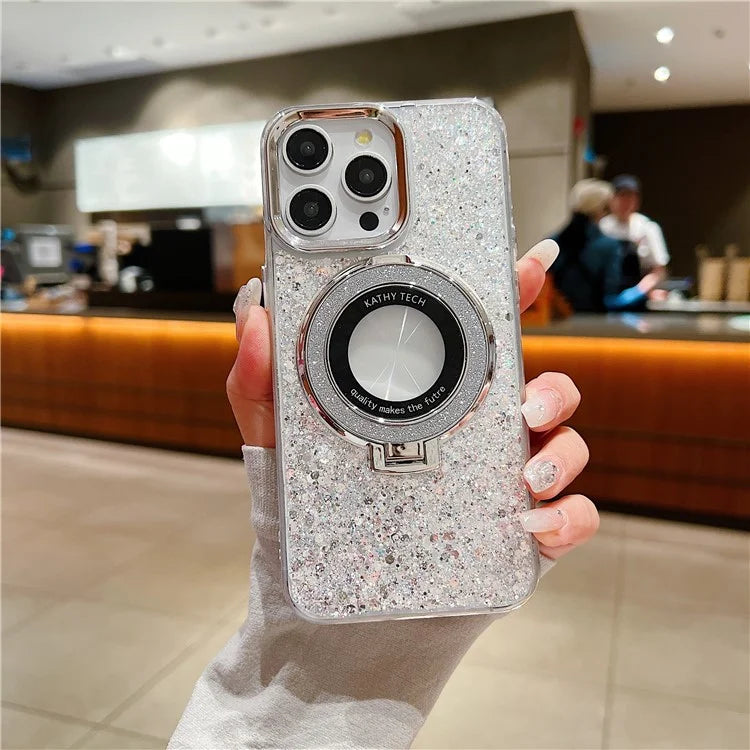 For iPhone 15 Pro Max Magnetic Kickstand Cover Acrylic+TPU Glitter Sequins Epoxy Phone Shell