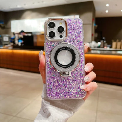 For iPhone 15 Pro Max Magnetic Kickstand Cover Acrylic+TPU Glitter Sequins Epoxy Phone Shell