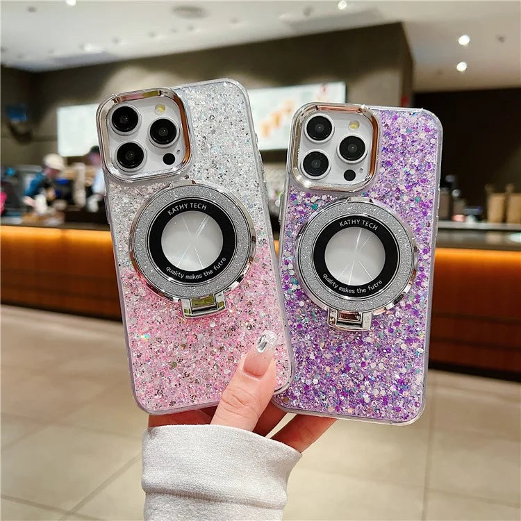 For iPhone 15 Pro Max Magnetic Kickstand Cover Acrylic+TPU Glitter Sequins Epoxy Phone Shell