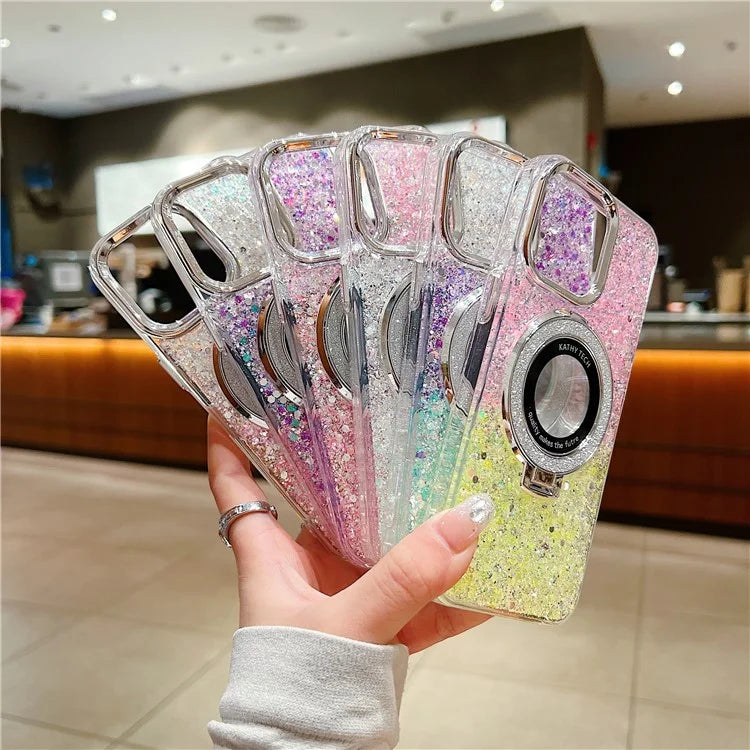 For iPhone 15 Pro Max Magnetic Kickstand Cover Acrylic+TPU Glitter Sequins Epoxy Phone Shell