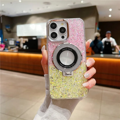 For iPhone 15 Pro Max Magnetic Kickstand Cover Acrylic+TPU Glitter Sequins Epoxy Phone Shell