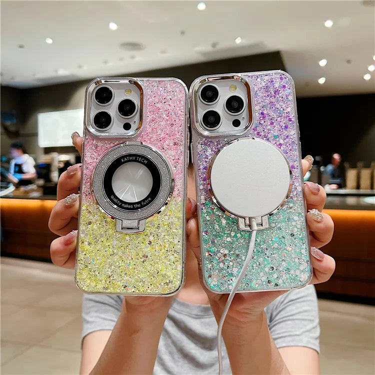 For iPhone 15 Pro Max Magnetic Kickstand Cover Acrylic+TPU Glitter Sequins Epoxy Phone Shell