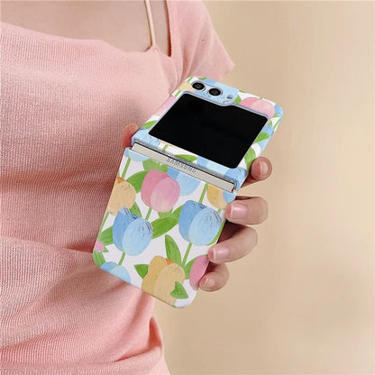 For Samsung Galaxy Z Flip5 5G Case Water Transfer Printing Tulip Pattern PC Phone Cover