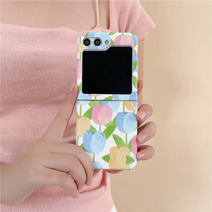 For Samsung Galaxy Z Flip5 5G Case Water Transfer Printing Tulip Pattern PC Phone Cover