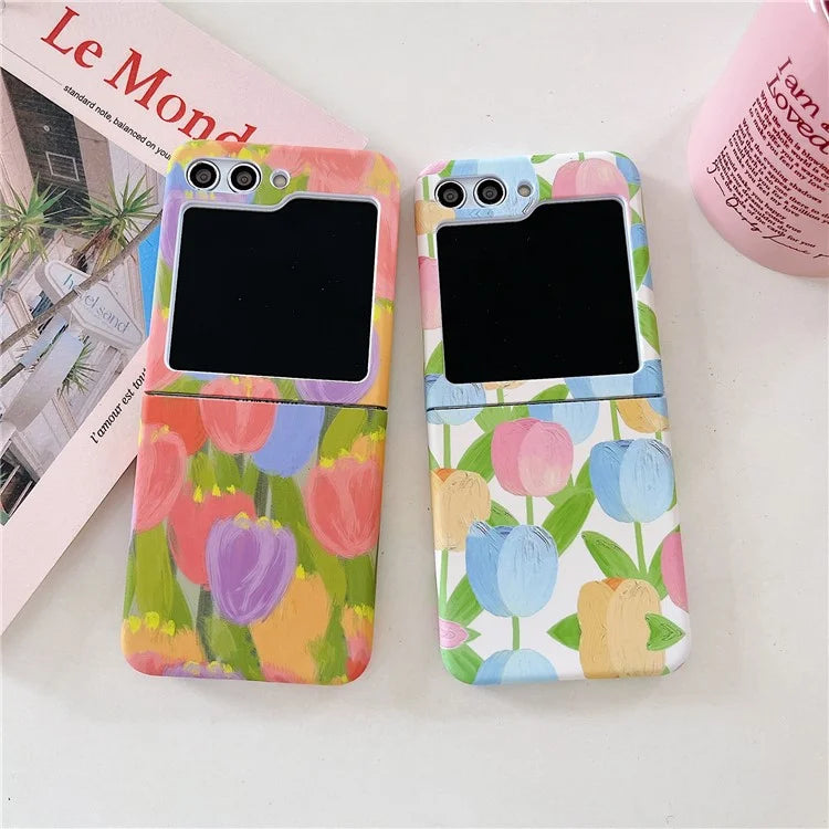 For Samsung Galaxy Z Flip5 5G Case Water Transfer Printing Tulip Pattern PC Phone Cover