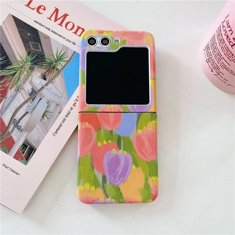 For Samsung Galaxy Z Flip5 5G Case Water Transfer Printing Tulip Pattern PC Phone Cover