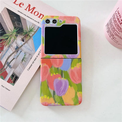 For Samsung Galaxy Z Flip5 5G Case Water Transfer Printing Tulip Pattern PC Phone Cover