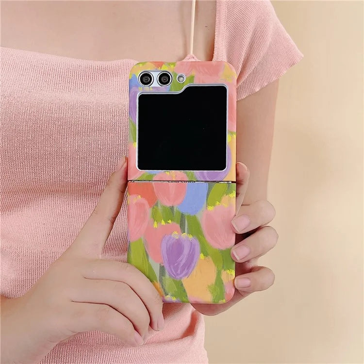 For Samsung Galaxy Z Flip5 5G Case Water Transfer Printing Tulip Pattern PC Phone Cover