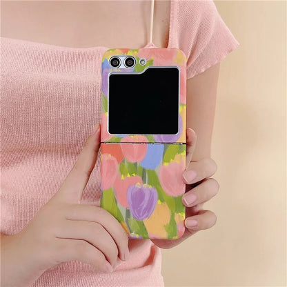 For Samsung Galaxy Z Flip5 5G Case Water Transfer Printing Tulip Pattern PC Phone Cover