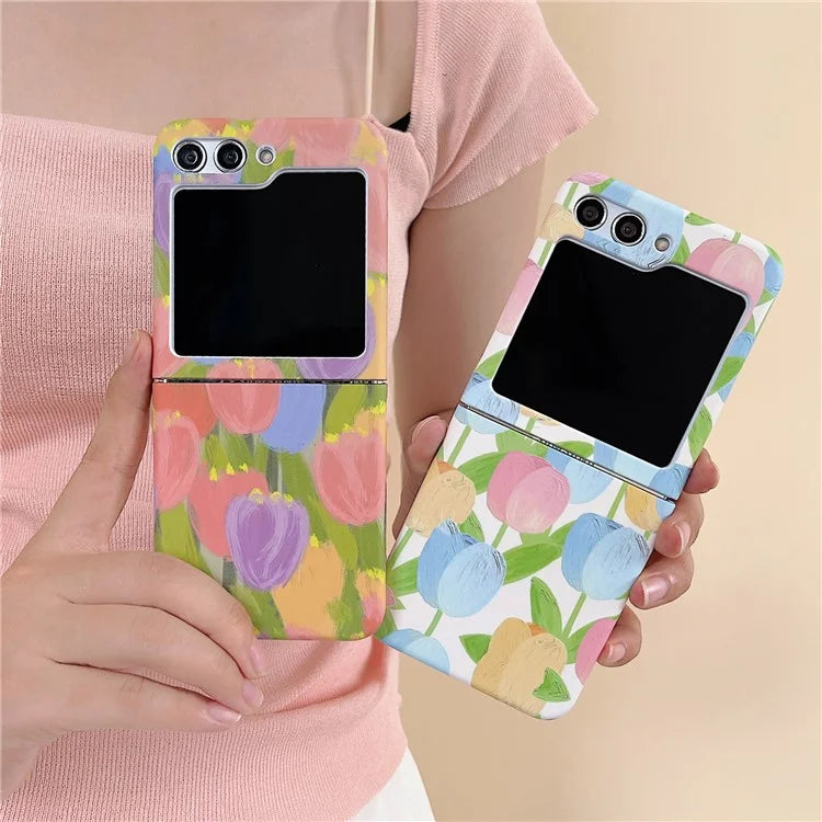 For Samsung Galaxy Z Flip5 5G Case Water Transfer Printing Tulip Pattern PC Phone Cover