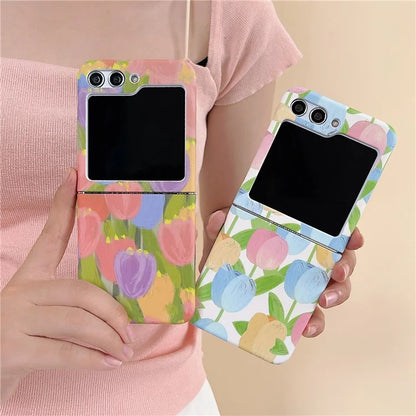 For Samsung Galaxy Z Flip5 5G Case Water Transfer Printing Tulip Pattern PC Phone Cover