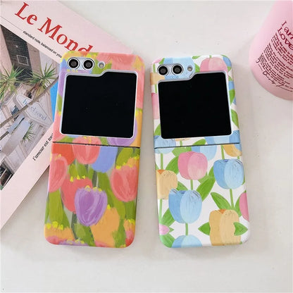 For Samsung Galaxy Z Flip5 5G Case Water Transfer Printing Tulip Pattern PC Phone Cover