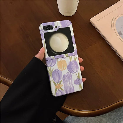 For Samsung Galaxy Z Flip5 5G PC Cover Tulip Peach Pattern Water Transfer Printing Protective Phone Case