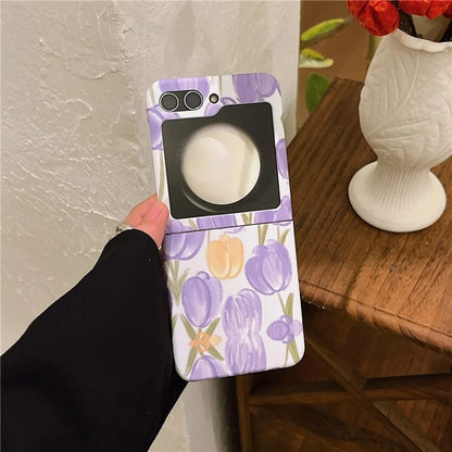 For Samsung Galaxy Z Flip5 5G PC Cover Tulip Peach Pattern Water Transfer Printing Protective Phone Case