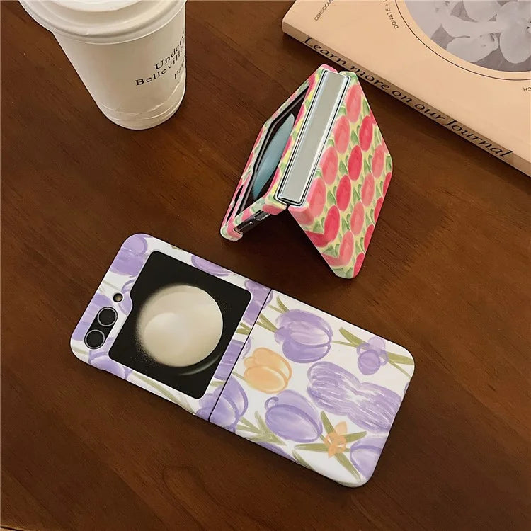 For Samsung Galaxy Z Flip5 5G PC Cover Tulip Peach Pattern Water Transfer Printing Protective Phone Case