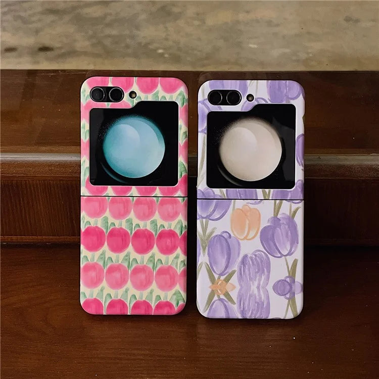 For Samsung Galaxy Z Flip5 5G PC Cover Tulip Peach Pattern Water Transfer Printing Protective Phone Case