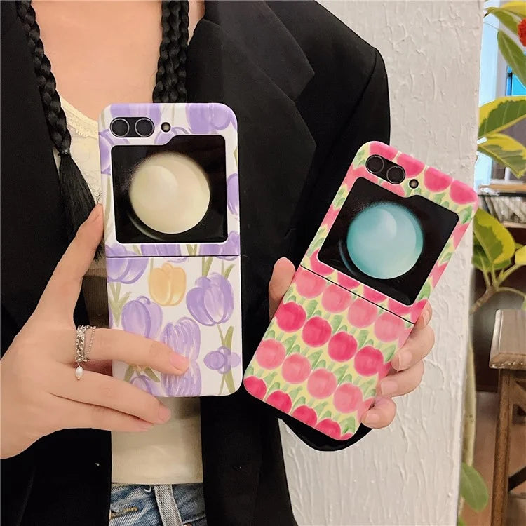 For Samsung Galaxy Z Flip5 5G PC Cover Tulip Peach Pattern Water Transfer Printing Protective Phone Case
