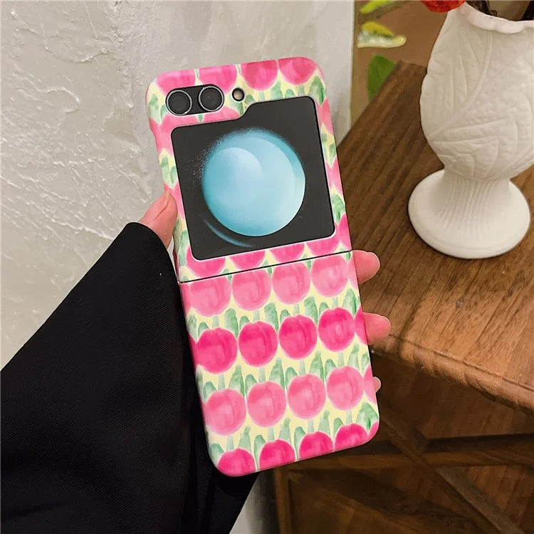 For Samsung Galaxy Z Flip5 5G PC Cover Tulip Peach Pattern Water Transfer Printing Protective Phone Case