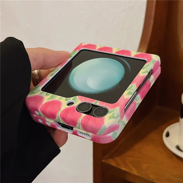 For Samsung Galaxy Z Flip5 5G PC Cover Tulip Peach Pattern Water Transfer Printing Protective Phone Case