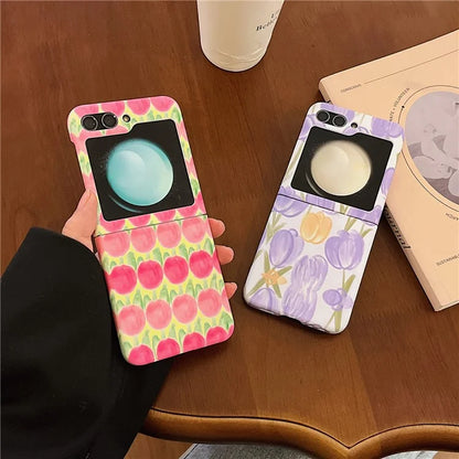 For Samsung Galaxy Z Flip5 5G PC Cover Tulip Peach Pattern Water Transfer Printing Protective Phone Case
