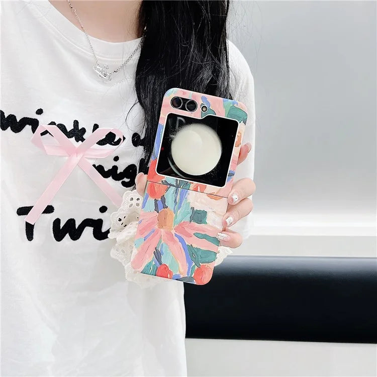 For Samsung Galaxy Z Flip5 5G PC Shell Watercolor Oil-Painted Flowers Pattern Water Transfer Printing Phone Cover