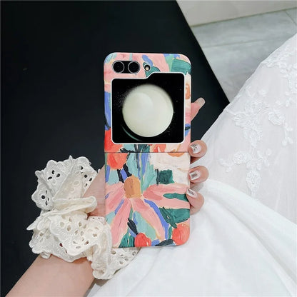 For Samsung Galaxy Z Flip5 5G PC Shell Watercolor Oil-Painted Flowers Pattern Water Transfer Printing Phone Cover