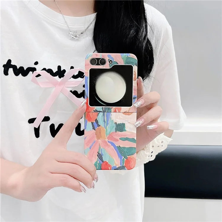 For Samsung Galaxy Z Flip5 5G PC Shell Watercolor Oil-Painted Flowers Pattern Water Transfer Printing Phone Cover