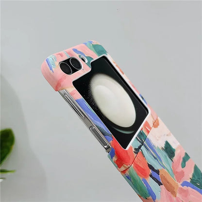 For Samsung Galaxy Z Flip5 5G PC Shell Watercolor Oil-Painted Flowers Pattern Water Transfer Printing Phone Cover