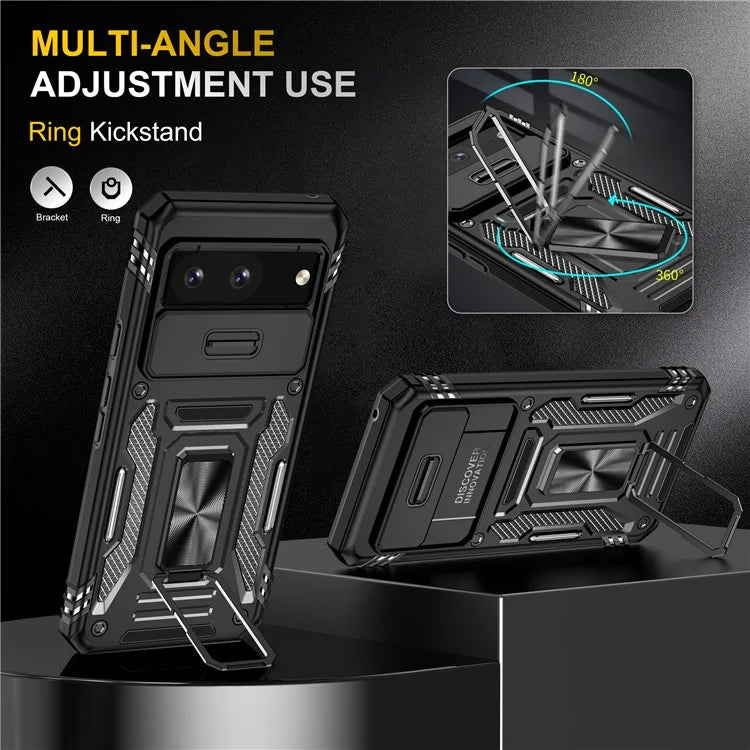 Armor Series For Google Pixel 8a Case PC+TPU Kickstand Phone Cover with Slide Lens Lid