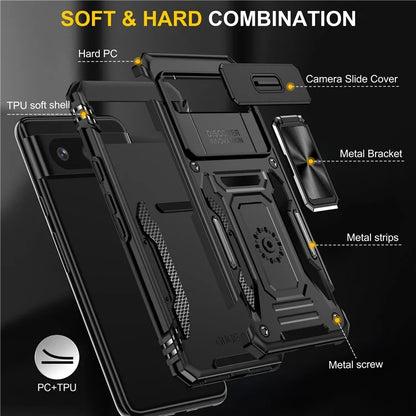 Armor Series For Google Pixel 8a Case PC+TPU Kickstand Phone Cover with Slide Lens Lid